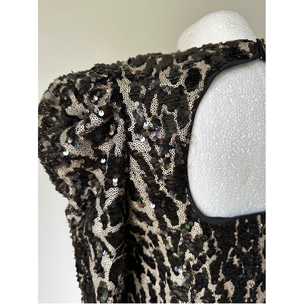 VERY Sequin Puff Shoulder Cut Out Back Blouse Size 8 Lined - Picture 5 of 5